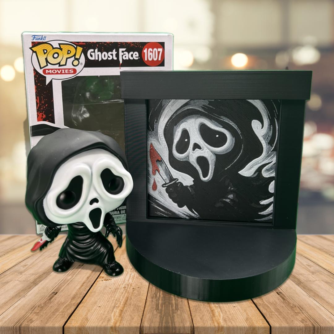Ghost Face Funko Pop Stand with 3D Printed Art Backdrop