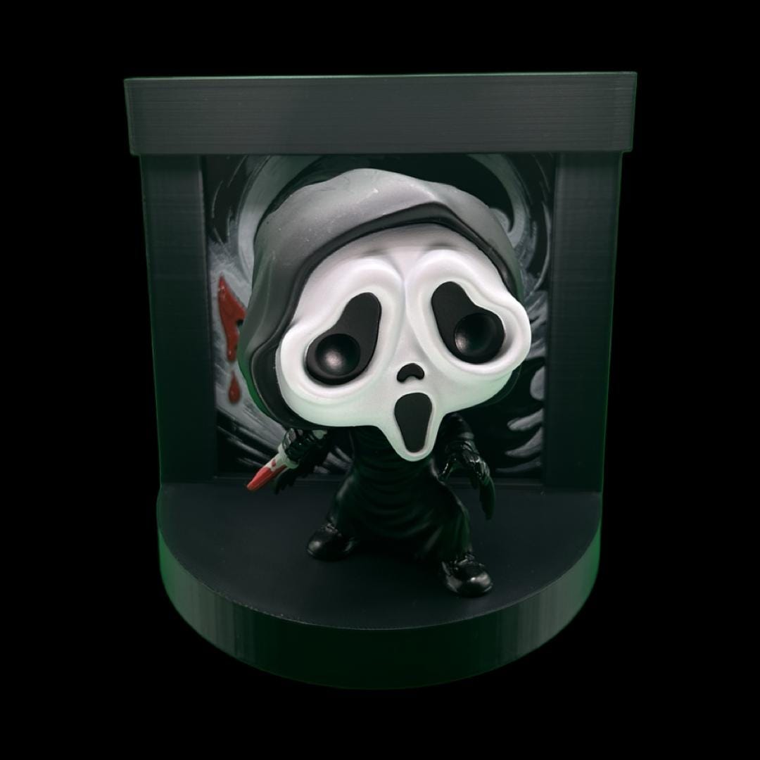 Ghost Face Funko Pop Stand with 3D Printed Art Backdrop