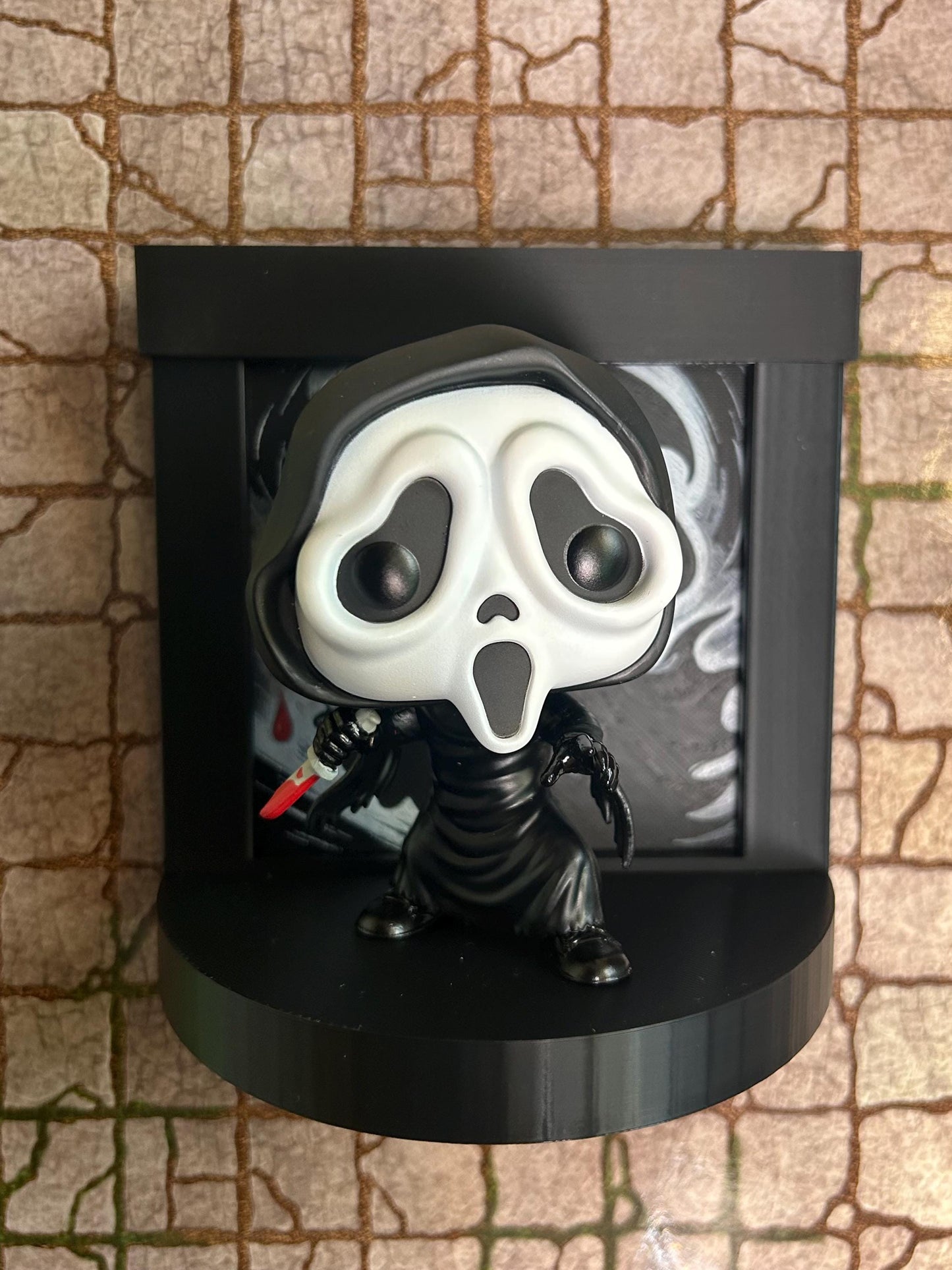 Ghost Face Funko Pop Stand with 3D Printed Art Backdrop