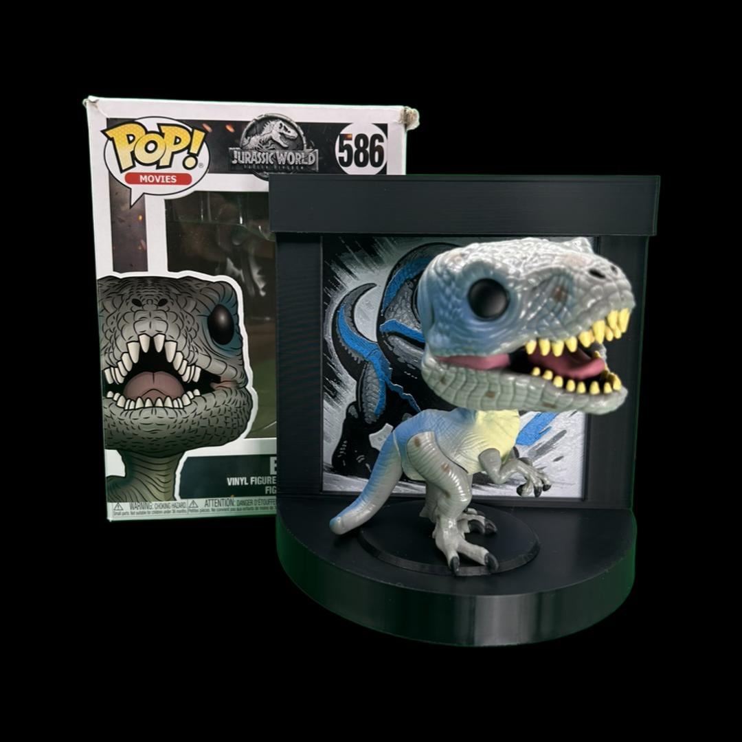 Blue the Raptor Funko Pop Stand with  3D Printed Art Backdrop