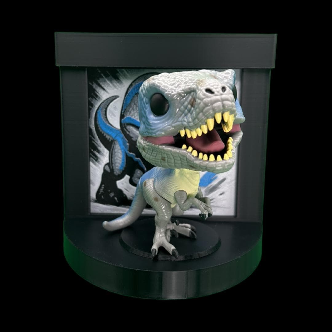 Blue the Raptor Funko Pop Stand with  3D Printed Art Backdrop