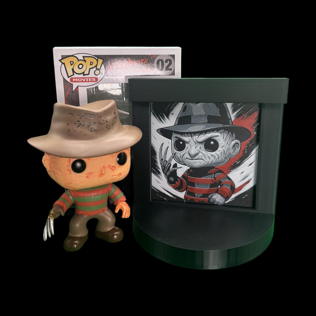 Freddy Krueger Funko Pop Stand with  3D Printed Art Backdrop