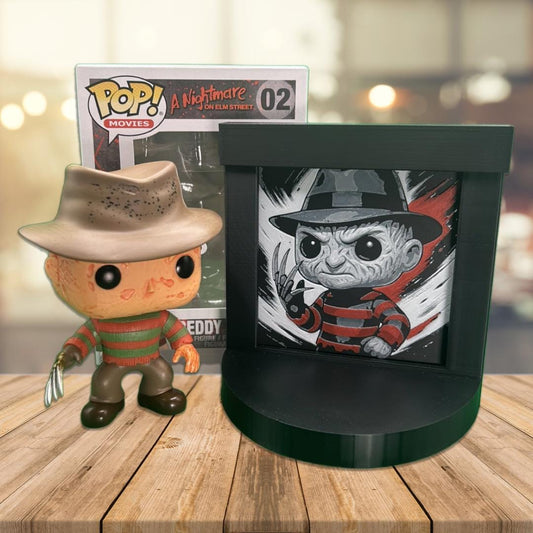 Freddy Krueger Funko Pop Stand with  3D Printed Art Backdrop