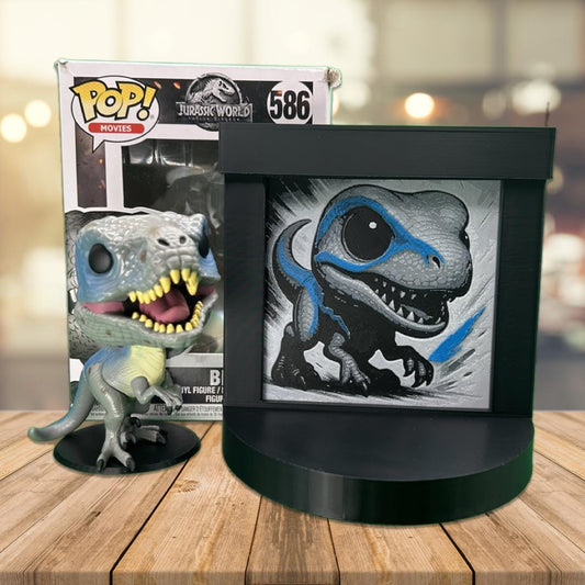 Blue the Raptor Funko Pop Stand with  3D Printed Art Backdrop