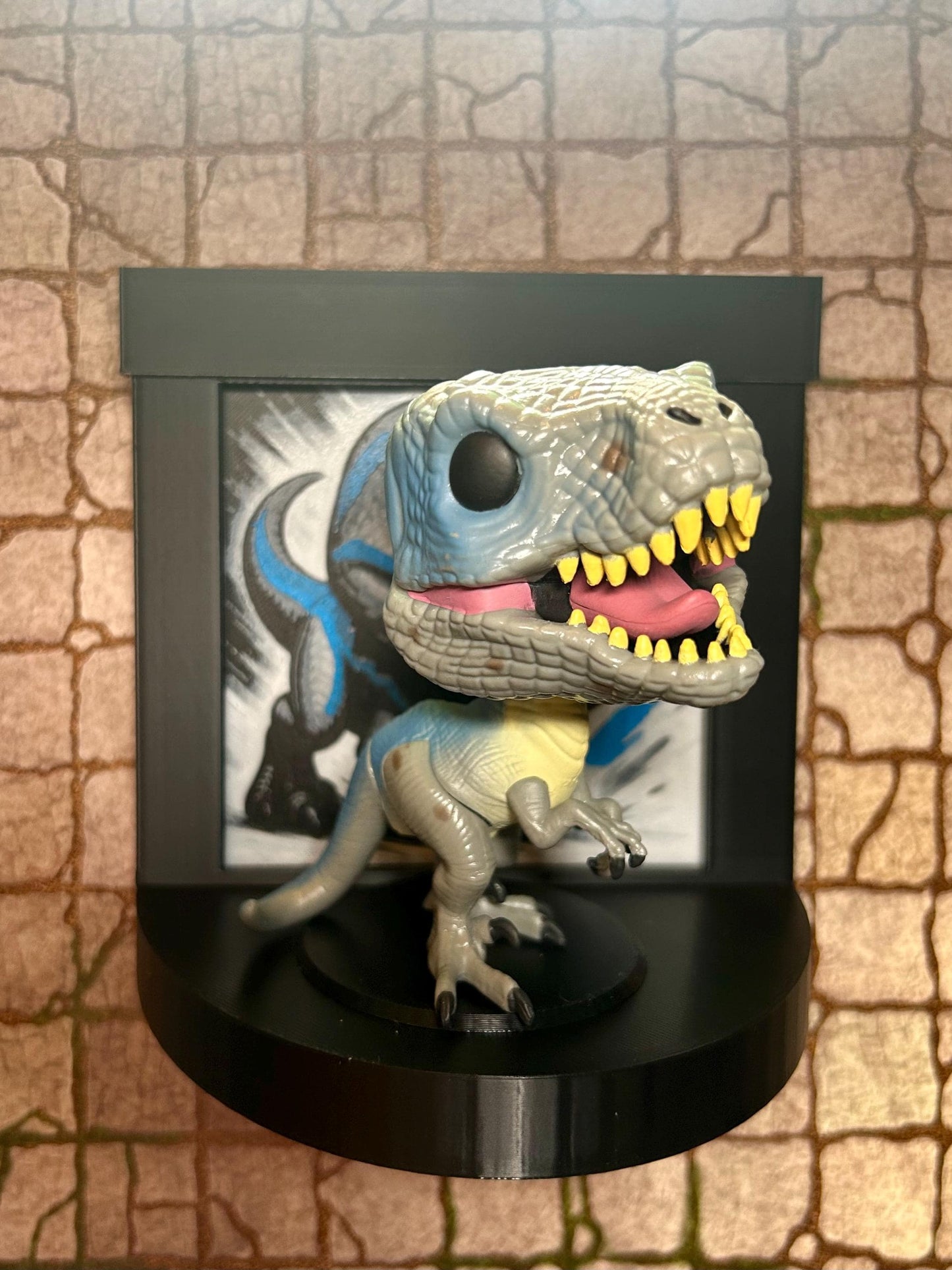 Blue the Raptor Funko Pop Stand with  3D Printed Art Backdrop
